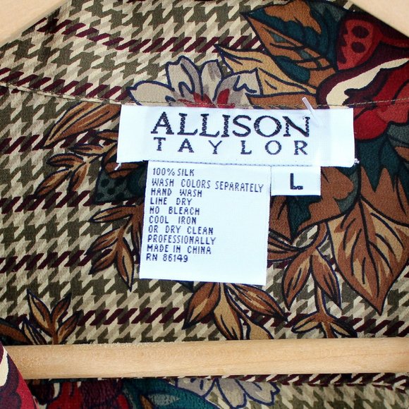 VTG 90s 100% Silk Blouse Button Front Long Sleeve Collar Floral Houndstooth Boxy - Picture 5 of 5